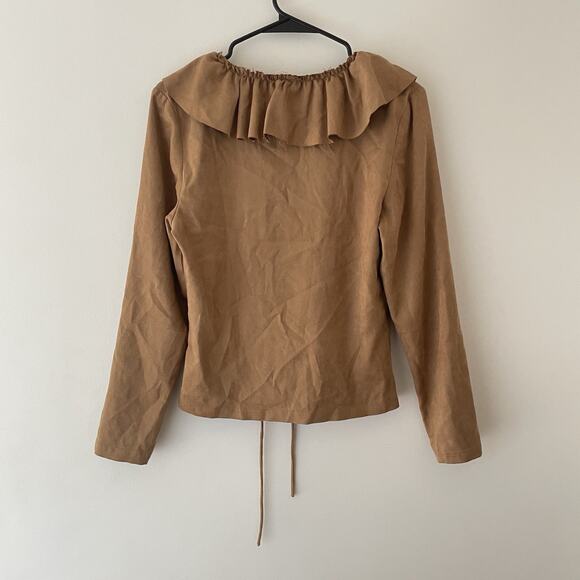 Y2K Western Cowgirl Faux Suede Ruffle Collar Blouse Top Brown M Festival Boho - Picture 2 of 7